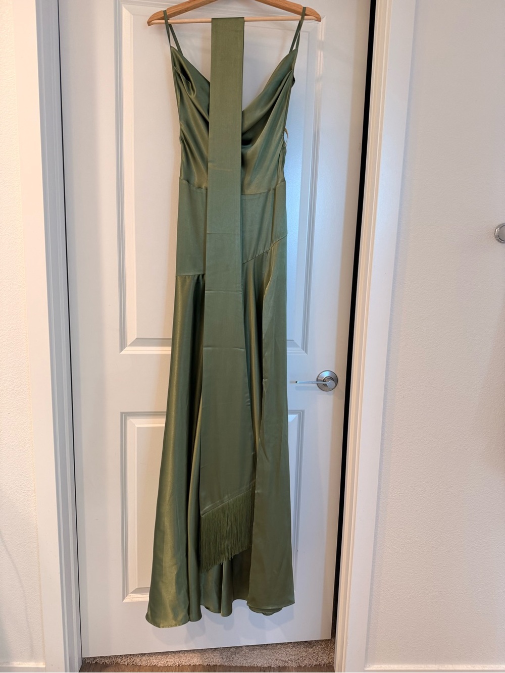 NEW Bronx Banco Leo Sage Maxi Dress, Olive Green Satin Cowl Neck Evening Gown - Picture 5 of 16